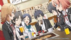 an anime group sitting at a table with drinks