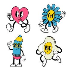 four cartoon characters with different expressions, including an egg, flower, and eyeglasses