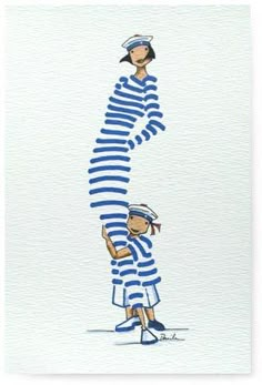 a watercolor painting of two people dressed in blue and white striped clothing, one holding the other's hand