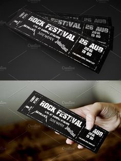 two tickets with the words rock festival written on them are being held up by someone's hand