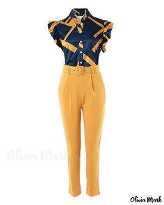 Olivia Mark - Stylish Geometric Print Coordinated Outfit with Flutter Sleeve Top, Pants, and Matching Belt Coordinates Outfits, Geometric Decoration, Pants Women Fashion, Top And Pants Set, Estilo Chic, Top Pants Set, Flutter Sleeve Top, Dress For Success, Outfit Set