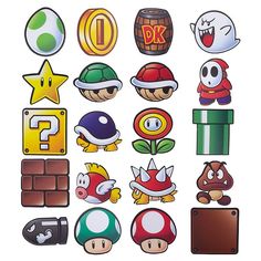 nintendo stickers are arranged on top of each other, including mario's mushroom and luigi