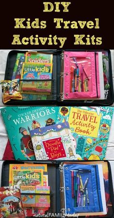 three suitcases filled with children's travel items and the words diy kids travel activity kits