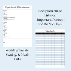 the wedding guest list is shown in black and white, with text that reads reception music lists for important dances and do not plays