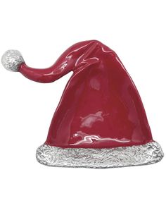 a shiny red santa hat with silver trim