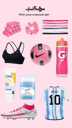 various sports items are arranged on a white background