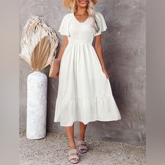 Merokeety Womens Summer Casual V Neck Ruffle Sleeve Smocked High Waist Midi Dress With Pockets Size L Full Rayon Imported Pull On Closure Machine Wash Size: Us Size, Small=(Us 4-6), Medium=(Us 8-10), Large=(Us 12-14), X-Large=(Us 16-18), Xx-Large=Us 20. This Summer Cute Dress Has A Soft Fabric And Also With The Comfortable Lining. Unique Design: Ruffle Short Sleeve, V-Neck, Elastic High Waist, Solid Color, Stretchy Shirred Tops, Swing A-Line Style Midi Dress, Fully Lined Not See-Through, Two Sid White V-neck Smocked Dress With Smocked Back, Casual Billowy Smocked Dress With Short Sleeves, White Smocked Dress With Ruffle Hem And Short Sleeves, White V-neck Smocked Dress For Spring, White Smocked Short Sleeve Dress, White Smocked Bodice V-neck Dress, White Flowy Smocked Dress With Short Sleeves, White Smocked Dress With V-neck And Smocked Back, Casual White Midi Dress With Smocked Bodice