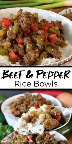 beef and pepper rice bowls with vegetables in them