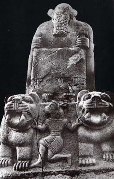 an ancient statue with two cats and a man on it's head, in front of a black background