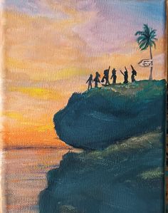 an acrylic painting of people standing on a cliff overlooking the ocean at sunset