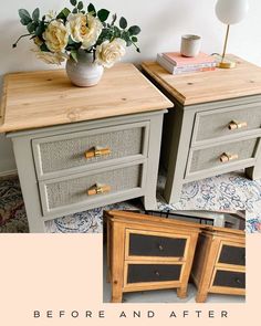 two nightstands side by side with flowers in vase on top and bottom, before and after