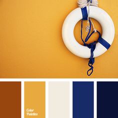 an orange and blue color scheme with a white life preserver on the front wall