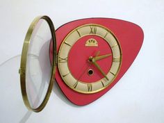 SALE - French 1950-60s Atomic Age FFR RED Formica Wall Clock - Funky Triangle Shape - Raspberry Red Formica Clock - Good Working Condition Coming Of Age Aesthetic, Age Aesthetic, Raspberry Red