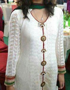 Beautiful white dress, #wayra by mahjabeen khan Knitting Blouse, Chudidhar Designs, Beautiful White Dress, Kurti Sleeves Design, Embroidery Dresses, Beautiful White Dresses, Trendy Shirt Designs, Neck Designs For Suits, Salwar Designs