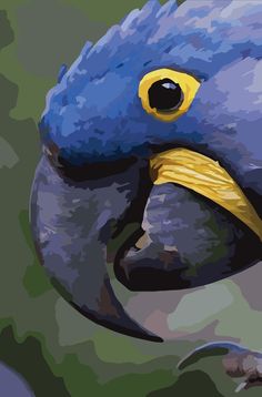 a painting of a blue parrot with yellow beak and black head, looking to its left