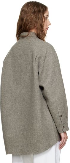 Handcrafted brushed wool and nylon-blend shirt. · Spread collar · Button closure · Seam pockets · Single-button barrel cuffs · Droptail hem Supplier color: Grey Oversized Wool Casual Top, Oversized Casual Wool Top, Casual Oversized Wool Top, Wool Button-up Top For Winter, Collared Wool Tops For Winter, Collared Wool Top With Buttons, Winter Button-up Top With Welt Pockets, Fall Wool Button-up Top, Wool Button-up Tops For Fall