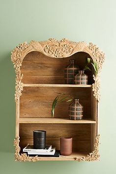 an old wooden shelf with plants and vases on it for $ 349 00