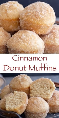 cinnamon donut muffins are stacked on top of each other