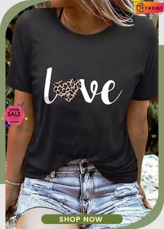 Black Love Leopard Heart Shape Print Short Sleeve T Shirt Trendy Black T-shirt With Heart Print, Black Trendy T-shirt With Heart Print, Black Heart Print T-shirt For Spring, Black Heart-shaped Casual T-shirt, Black Casual Heart-shaped T-shirt, Casual Black Heart-shaped T-shirt, Casual Black T-shirt With Heart Shape, Black Tops With Heart Graphic And Short Sleeves, Black Short Sleeve Top With Heart Graphic