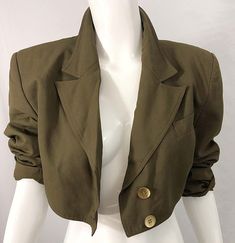 For Sale on 1stDibs - Chic 1990s ROMEO GIGLI army hunter green rayon and wool cropped blazer jacket ! The perfect army green color will match everything, and is perfect all Fitted Olive Blazer For Fall, Romeo Gigli, Army Green Color, Cropped Blazer Jacket, Army Jacket, Cropped Blazer, Cropped Jacket, Hunter Green, Vintage Clothing