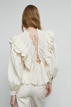 Petite Frill Front Lace Up Back Blouse Lace Up Blouse, Blouse Lace, Frill Shirt, White Lace Shirt, Frill Blouse, Peplum Styling, Summer Lace, Peplum Styles, Frill Dress