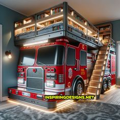 a fire truck bunk bed with stairs to the top