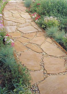 a stone path surrounded by flowers and plants