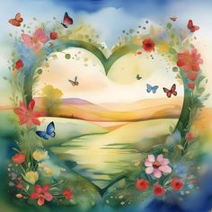 a painting of a heart shaped frame with flowers and butterflies surrounding it in the sky