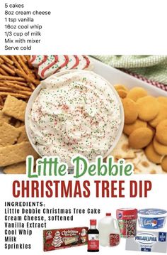 an advertisement for christmas tree dip with cookies and crackers