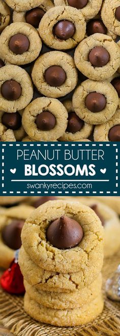 peanut butter blossoms cookies stacked on top of each other