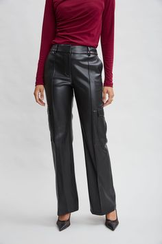 Luxe Vegan Leather lends a chic expression to the season's must have Cargo Pant. The relaxed fit, pintuck details & cargo pockets are the definition of sporty cool. Get ready for the compliments. Elie Tahari Exclusive Vegan Leather Cargo Pants 50% Polyester, 50% Polyurethane Relaxed Fit; Runs true to size. Model is 5'9" and wearing size 2 Measurements: Front Rise: 11"L , Inseam: 32.75"L (approx. length for size 6) Dry clean Imported Style #: E90AM214 Fall Workwear Full-length Cargo Pants, Modern Leather Pants With Pockets For Work, Casual Leather Pants With Pockets For Work, Leather Straight Leg Pants With Pockets For Work, Fall Cargo Pants With Multiple Pockets For Work, Chic Fall Cargo Pants With Multiple Pockets, Chic Cargo Pants With Hip Pockets For Fall, Fall Leather Pants With Multiple Pockets For Work, Fall Leather Pants For Work With Multiple Pockets