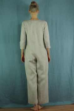 "Linen jumpsuit with belt and 2 pockets in natural color, perfect for casual wear and suitable for any occasion in any season Details: - 100% natural linen produced in Europe ; - medium weight (180 gram per square meter); - color: natural, could be any from our colors catalog (color samples at the photo); Made to order, approximately a few days, If you have any questions please message me and I will be glad to answer. Size guide : Size XS Bust: fits bust around 33\"-34\"/ 84-88 cm Waist: fits wa Linen Overall Jumpsuit With Pockets, Linen Jumpsuits And Rompers With Pockets, Linen Overall Jumpsuits And Rompers With Pockets, Linen Overalls With Pockets, Beige Linen Overall Jumpsuits And Rompers, Beige Linen Overalls Jumpsuit, Beige Linen Overalls, Fitted Linen Jumpsuits And Rompers With Pockets, Womens Summer Jumpsuits