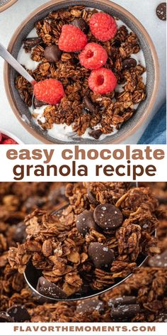 granola recipe with chocolate and raspberries on top