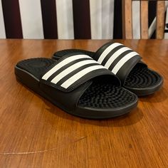 Brand New In The Box And Authentic Item. Adidas Non-slip Black Slides, Adidas Black Non-slip Slides, Adidas Black Synthetic Flip Flops, Comfortable Black Adidas Sandals, Casual Black Adidas Flip Flops, Black Slip-resistant Round Toe Sandals, Adidas Cushioned Round Toe Flip Flops, Sporty Black Slides With Textured Footbed, Black Sporty Sandals With Rubber Sole