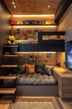 a room with a couch, bookshelf and shelves on the wall next to it