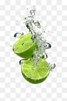 two limes with water splashing on them, and one is in the air