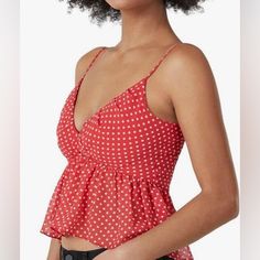 Manufacturer: Bcbgmaxazria Suggested Price: $138.00 Condition: New With Tags Style Type: Tank, Cami Collection: Bcbgmaxazria Sleeve Length: Adjustable Straps Closure: Material: 100% Polyester Fabric Type: Polyester Specialty: Polka Dot Red And White Flirty Sleeveless Camisole, Flirty Sleeveless Camisole For The Beach, Flirty Ruffled Sleeveless Camisole, Flirty Red Tank Top For Spring, Flirty Sleeveless Red Top, Flirty Red Sleeveless Top, Chic Red Tank Top With Built-in Bra, Flirty Sleeveless Tops For Day Out, Cute Red Spring Tank Top