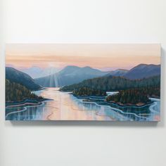 a painting on the wall of a room with mountains in the background and sun shining down