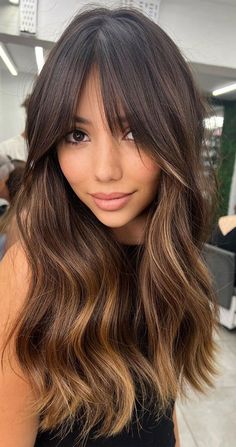 Hairstyle Ideas For Long Hair, Light Brunette Hair, Ideas For Long Hair, Dark Brunette Hair, Brown Hair Balayage, Trendy Hair Color, Long Hair With Bangs, Hair Color And Cut, Hair Color Trends