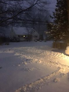 a snow covered street with some trees and houses in the background at night time,