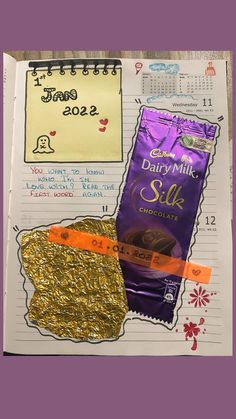 an open notebook with candy bars and chocolate