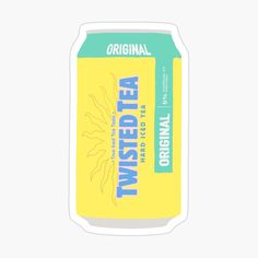 a can of twisted tea sticker on a white background with the words twisted tea in blue and yellow