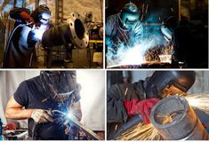 welders working on metal and steel in different stages of being welding or grinding