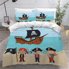 a bed with pirate themed sheets and pillows