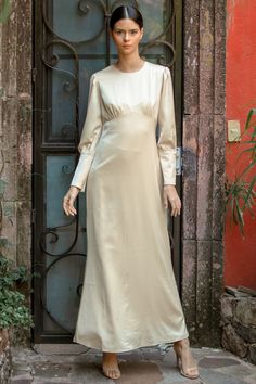 Cream Satin Long Sleeve Maxi Dress Long Satin Dress With Sleeves Casual, Luxury Long Sleeve Satin Dress For Fall, Luxury Long Sleeve Satin Dress For Women, Elegant Modest Satin Dress, Luxury Long Sleeve Silk Dress For Spring, Luxury Chic Long Sleeve Satin Dress, Luxury Fitted Maxi Dress With Short Sleeves, Luxury Silk Satin Dress With Draped Sleeves, Dresses Khaki Satin Long Sleeve