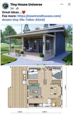 a small house is shown with the floor plan and measurements for each room in it