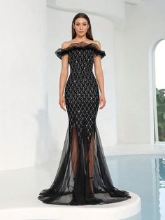 New Sparkling Diamond Embellished Sexy Open Shoulder Mermaid Maxi Bandage Evening Dress, Elegant Women Long Formal Gown For Banquet, Black Prom Dress, For Wedding Guest, Graduation, Dinner Black Glamorous  Sleeveless Knitted Fabric Colorblock,Geometric,All Over Print Bodycon Medium Stretch  Weddings & Events, size features are:Bust: ,Length: ,Sleeve Length: Prom Gown Elegant, Dress For Wedding Guest, Graduation Dinner, Wedding Event Dresses, Long Formal Gowns, Dress For Wedding, Black Prom Dress, Black Prom, Sparkling Diamond