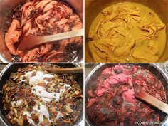 four pictures showing different types of food being cooked