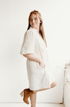 Be airy, fairy light with our Cream colored Puffed Sleeved Light Linen Dress. Perfect for all spring and summer occasions, as well as Easter! The elasticized puffer sleeves can be styled up or down, while the button front adds a touch of charm. Complete your look with cowgirl boots or sandals. Casual Puff Sleeve Dress For Spring, Casual Puff Sleeve Dress With Balloon Sleeves For Spring, Casual Puff Sleeve Dress With Balloon Sleeves For Daywear, Summer Brunch Puff Sleeve Dress With Balloon Sleeves, Relaxed Fit Puff Sleeve Dress For Brunch, White Relaxed Fit Dress With Puff Sleeves, Relaxed Fit Summer Dresses With Balloon Sleeves, Billowy Puff Sleeve Maxi Dress For Spring, Spring Billowy Puff Sleeve Mini Dress