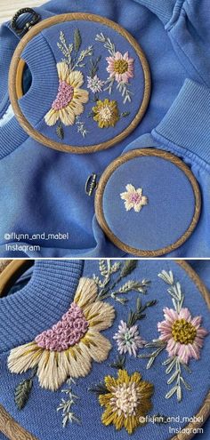 two pictures showing how to make an embroidered flower design on a blue jacket with gold trim